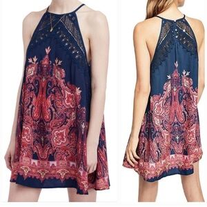 Free People Shea Printed Slip Mini Dress Crochet Blue Pink Intimately